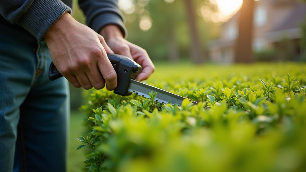 Close-up view of a gardener trimming a hedge in a residential green area