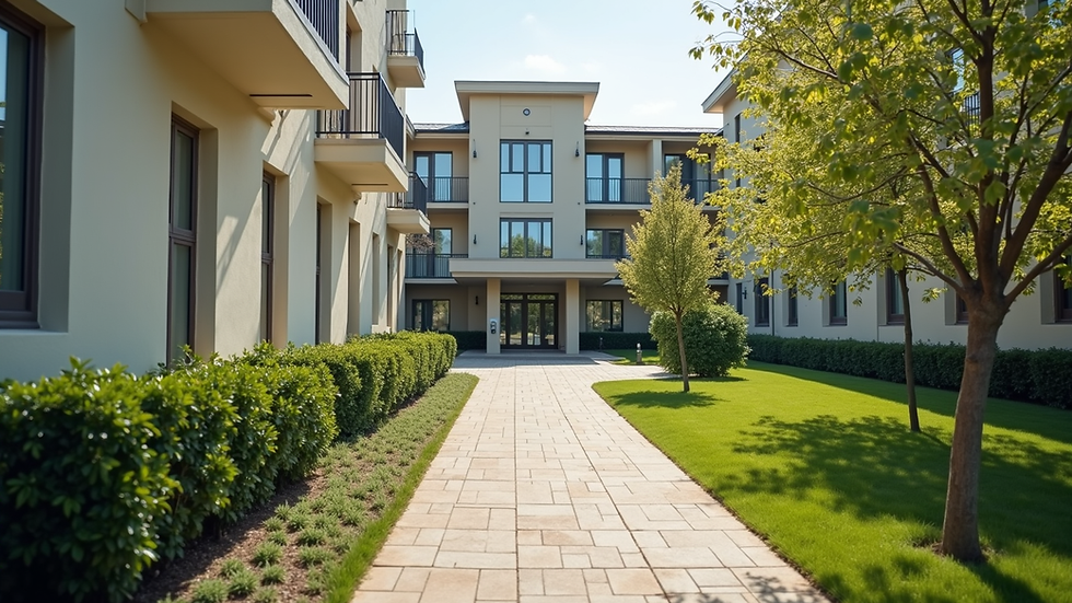 Eye-level view of a well-maintained residential building with clean surroundings