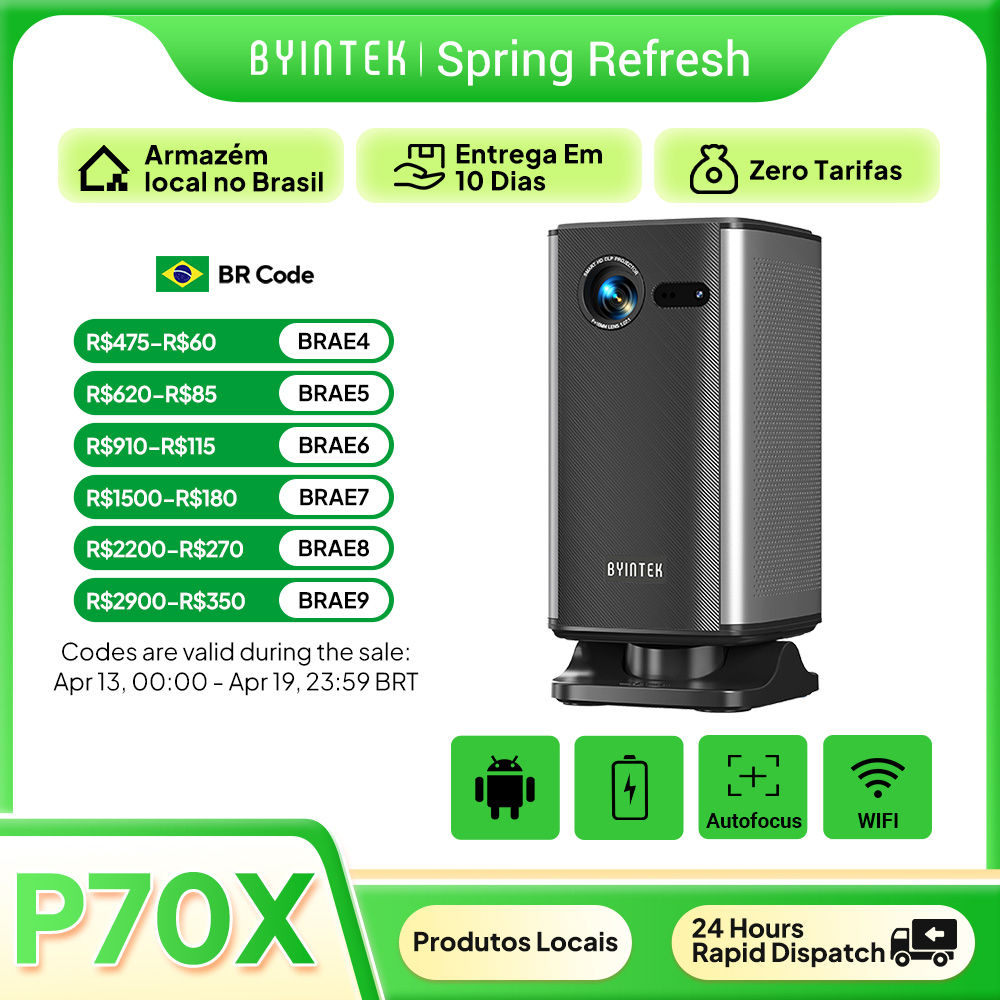 Mini projetor portátil BYINTEK P70X com bateria integrada