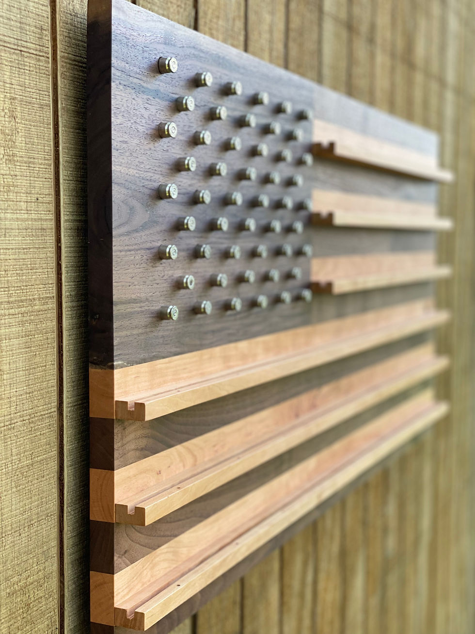 Thumbnail: Walnut and Cherry Flag Shell Casing Union Field Challenge Coin and Badge Holder