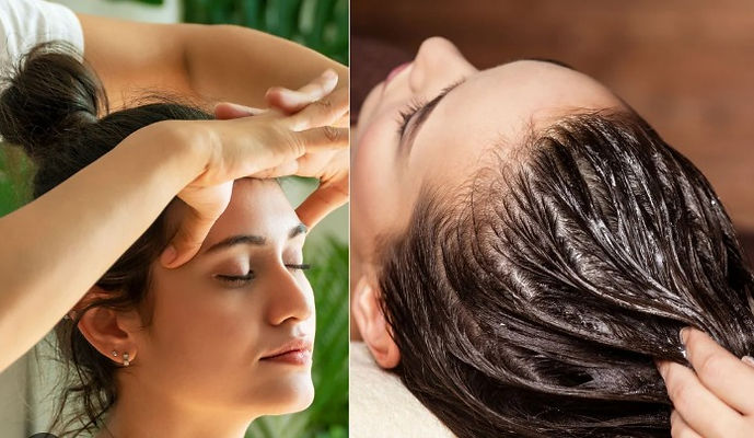 Scalp massage and hair oiling treatment to reduce seasonal hair loss and nourish the scalp