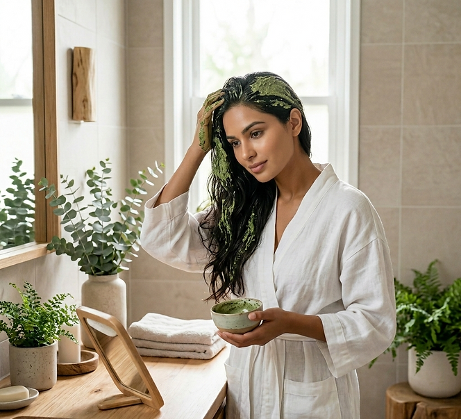 Woman applying herbal hair mask for damaged hair repair