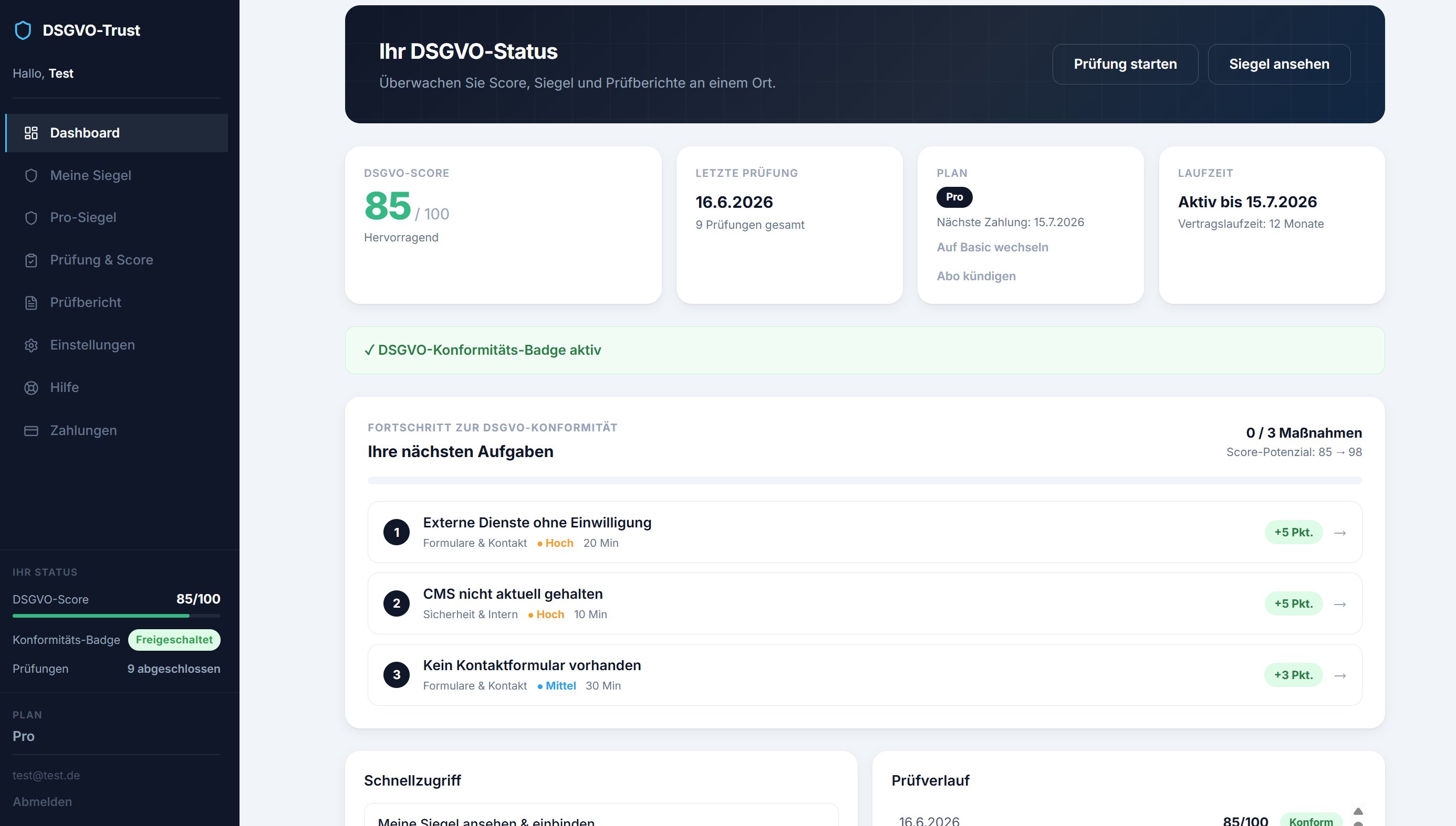 DSGVO-Trust Dashboard mit Score und Prüfverlauf