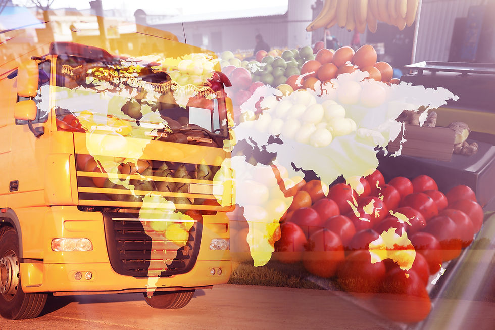 Multiple exposure of truck, fresh fruits and world map. Wholesale