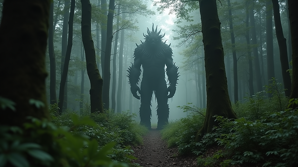 High angle view of a mythological giant in a lush, dark forest.