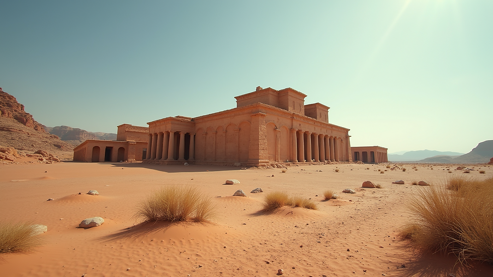 Wide angle view of an ancient architectural marvel in a desert landscape