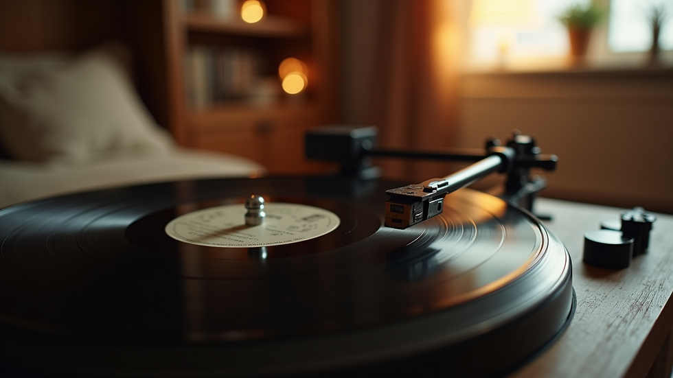 Close-up view of a vintage vinyl record spinning on a turntable
