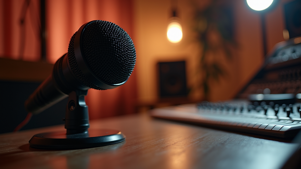 Eye-level view of a microphone on a recording studio desk