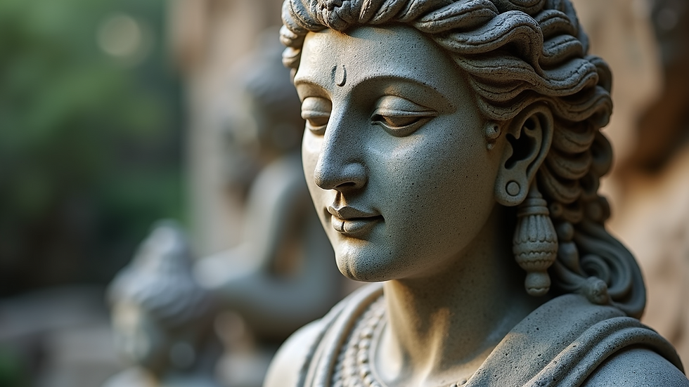 Eye-level view of a stone sculpture of Brahma