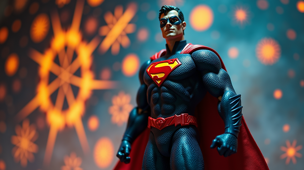 High angle view of a superhero figurine surrounded by mystical symbols