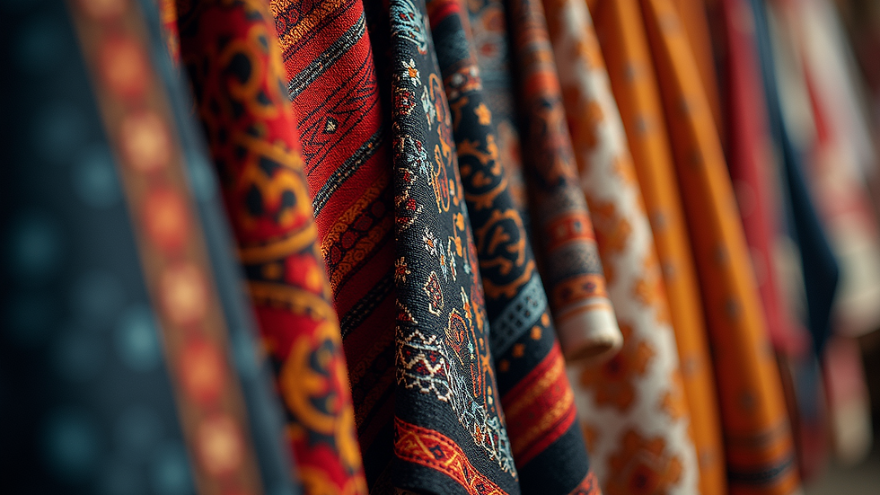 Close-up view of traditional textiles displaying unique cultural patterns