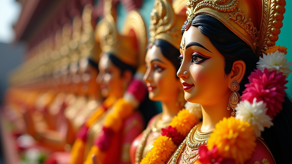 Close-up view of colorful idols of goddess Lakshmi adorned with flower garlands