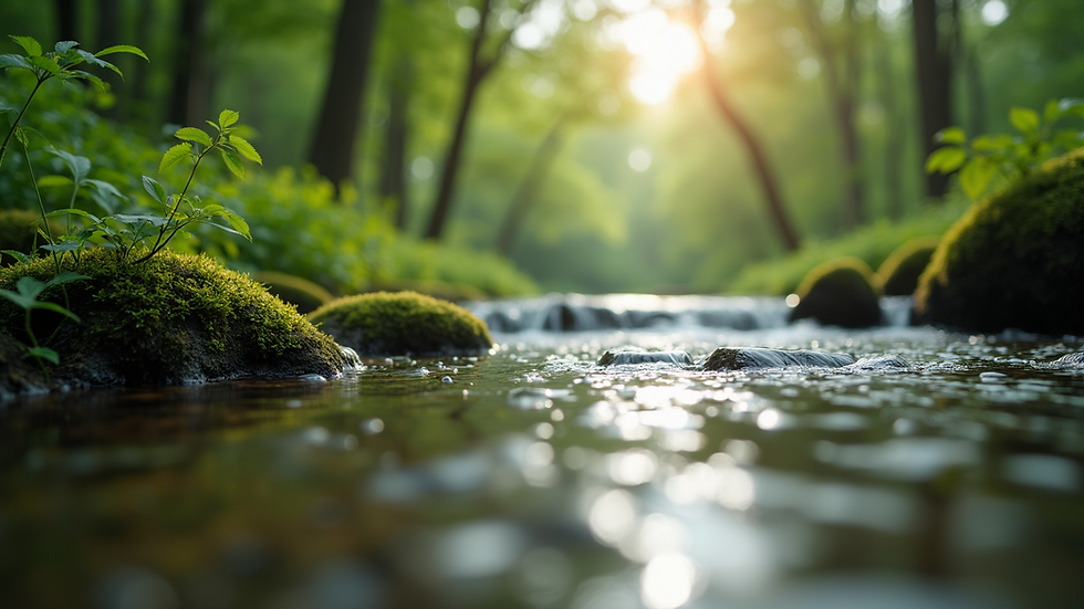 Eye-level view of a serene nature setting with a tranquil river