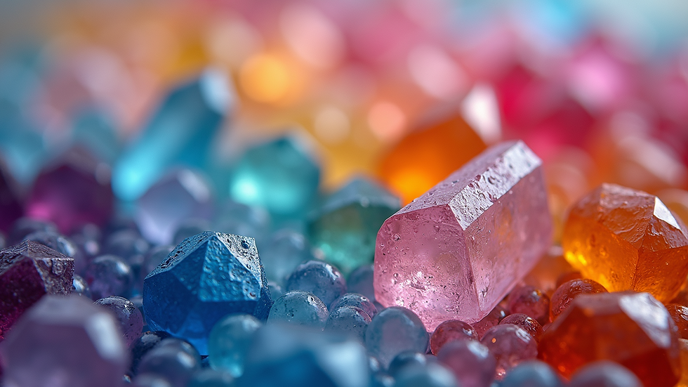Close-up view of a variety of colorful crystals