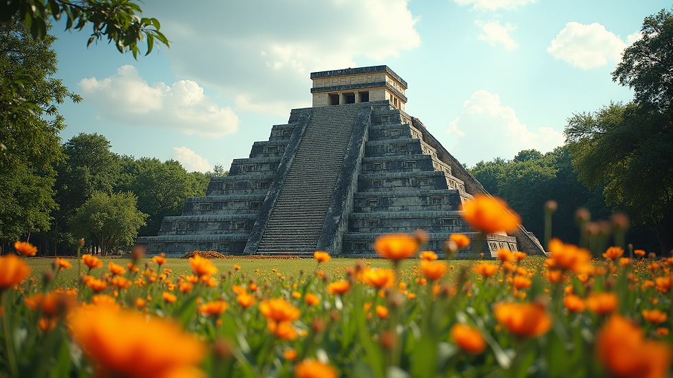 Wide angle view of an ancient Aztec pyramid surrounded by flowers and lush greenery