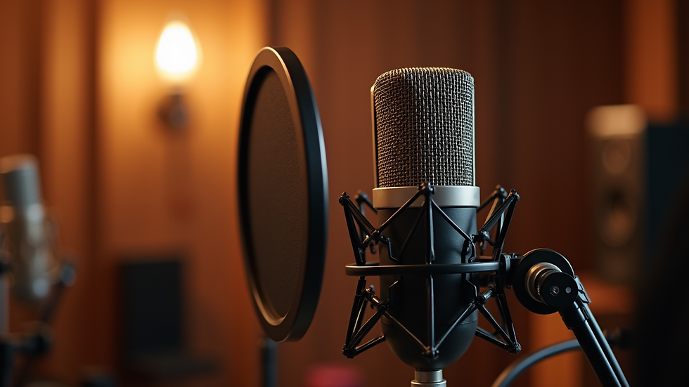 Eye-level view of a professional microphone set up in a recording studio
