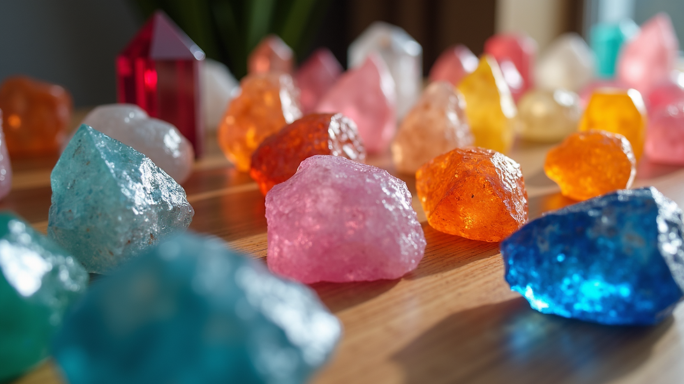High angle view of a colorful crystal collection arranged on a table