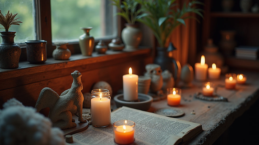 Wide angle view of an eclectic collection of psychic ritual items