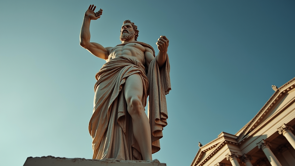Eye-level view of an ancient statue representing Zeus