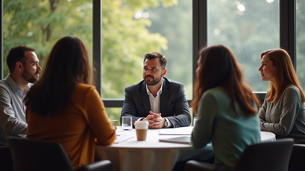 Wide angle view of diverse community members engaging in a discussion