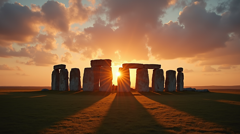 Wide angle view of majestic Stonehenge at sunset