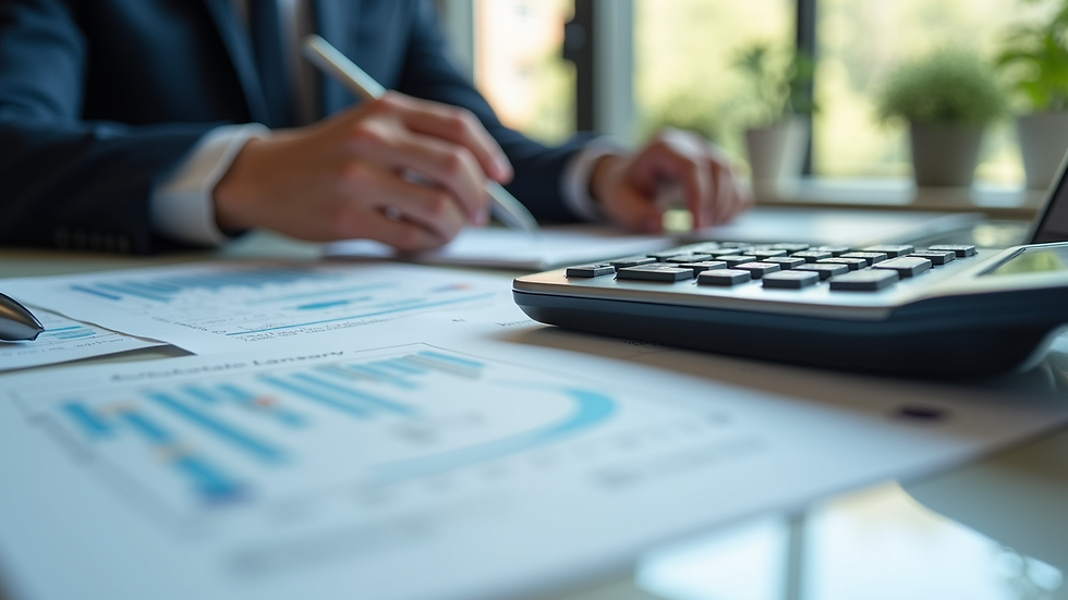 Eye-level view of a calculator and financial paperwork on a desk