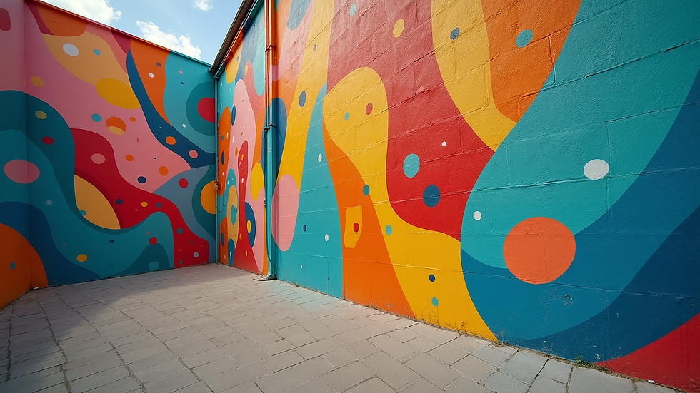 Eye-level view of an abstract colorful mural on a wall