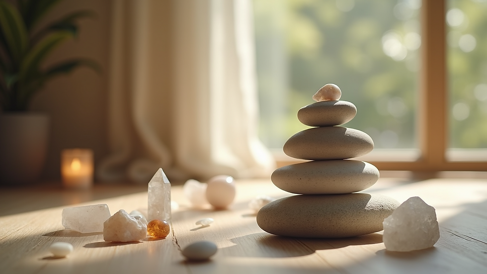 Eye-level view of a serene meditation space with calming crystals