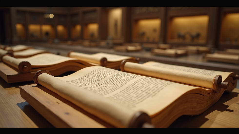 Wide angle view of ancient scrolls on display