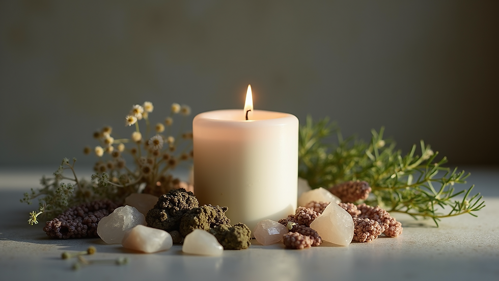 Eye level view of a white candle surrounded by herbs and crystals