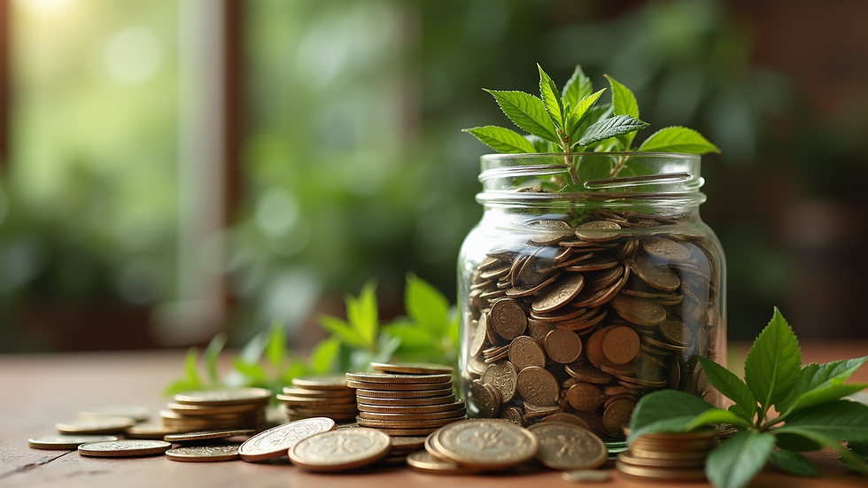 High angle view of abundance jar filled with herbs and coins