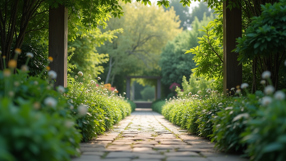 Eye-level view of a tranquil garden with lush greenery