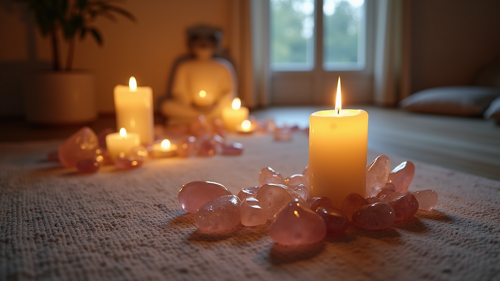 High angle view of a serene meditation space with candles and crystals