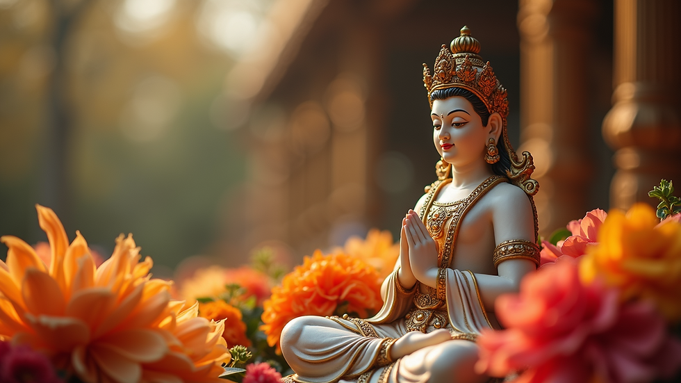 Close-up view of a divine statue among floral offerings