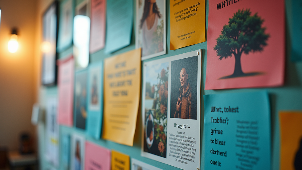 Eye-level view of a colorful vision board filled with inspiring images and words