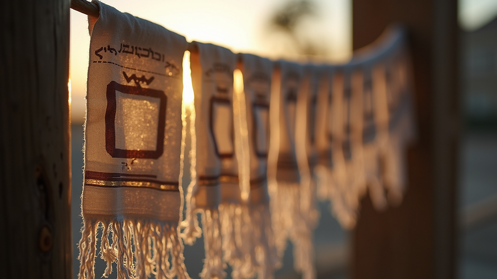 Eye-level view of tzitzit hanging from a tallit