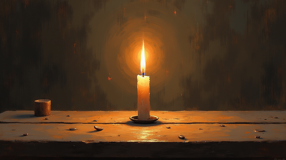 Eye-level view of a candle burning on a wooden table