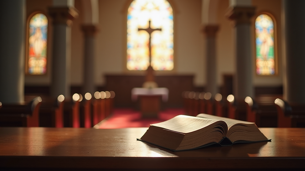 Eye-level view of a church altar with a Bible and a cross