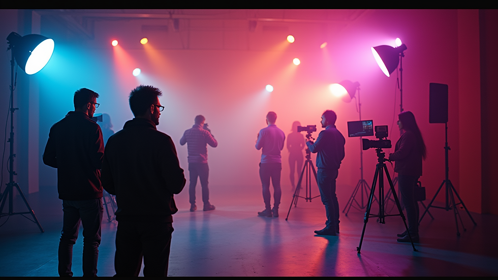 Wide angle view of a vibrant film set with colorful lights