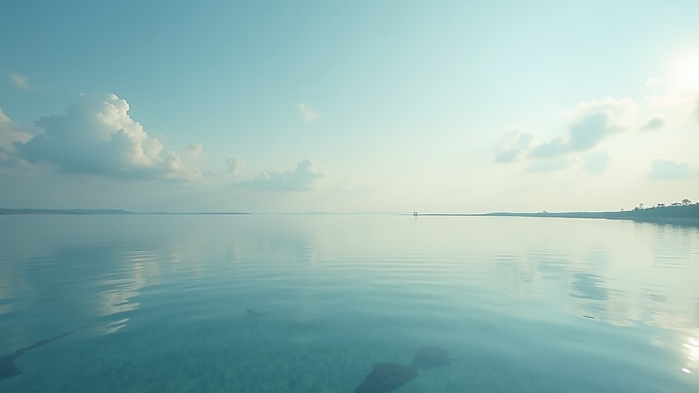 Wide angle view of a serene lagoon reflecting a tranquil sky