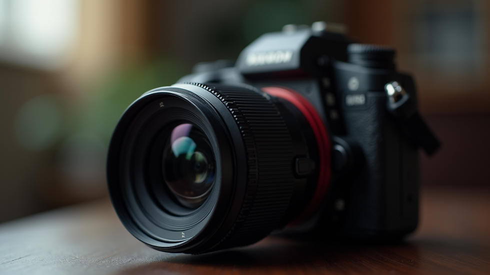 Close-up view of a camera lens on a tripod