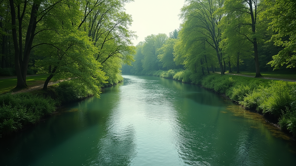 High angle view of peaceful river with lush greenery along the banks