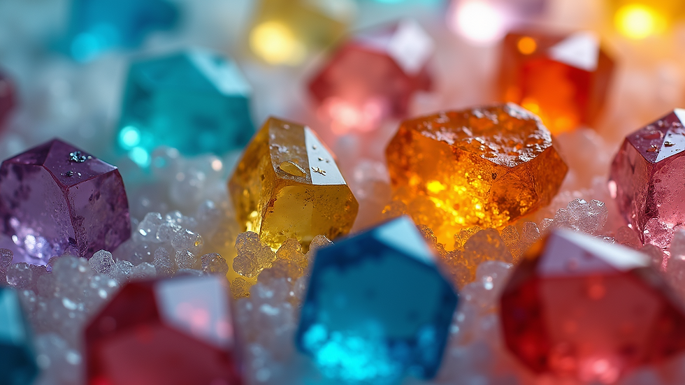 High angle view of a variety of colorful crystals arranged in a beautiful pattern.