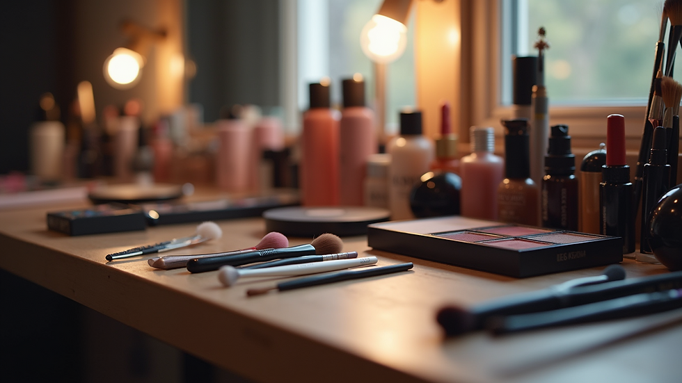 Eye-level view of a makeup station with various tools and products