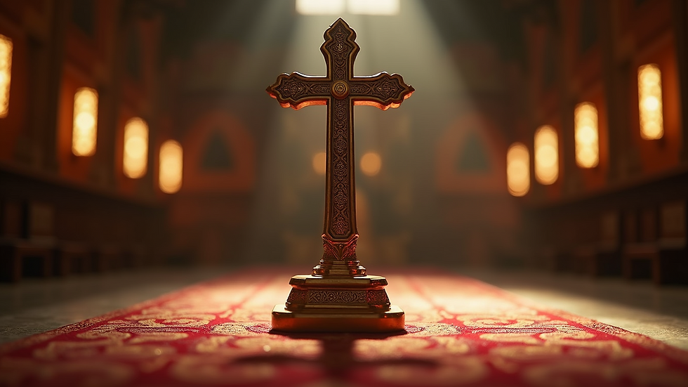 Eye-level view of an intricately designed altar tool