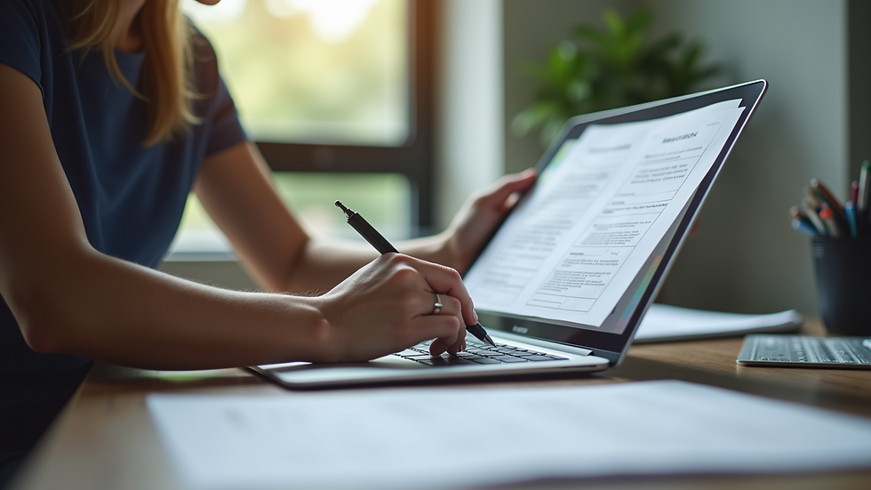 High angle view of a person reviewing documents on a desk with a laptop