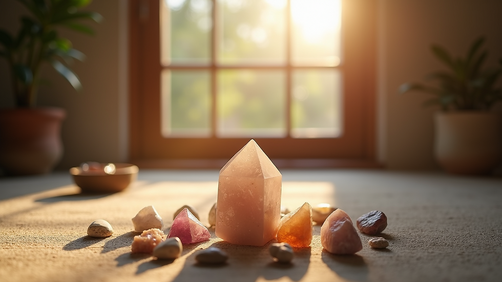 Eye-level view of a tranquil space set for meditation with sage and crystals
