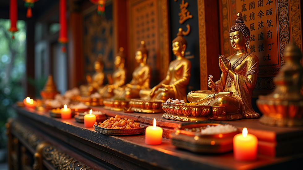 Close-up view of a traditional Vietnamese altar with offerings for ancestors
