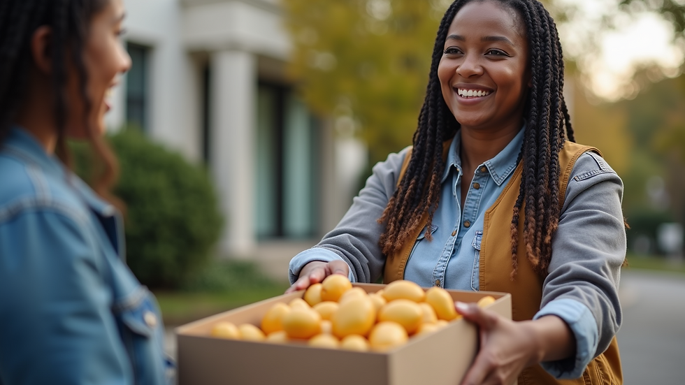 Eye-level view of a church volunteer distributing food to community members