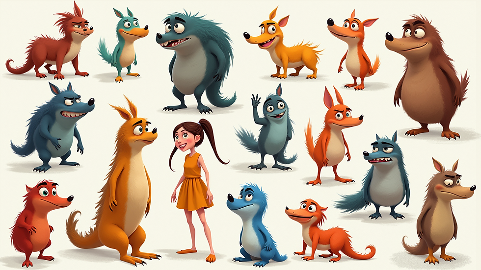 High angle view of a vibrant animation character design board filled with sketches